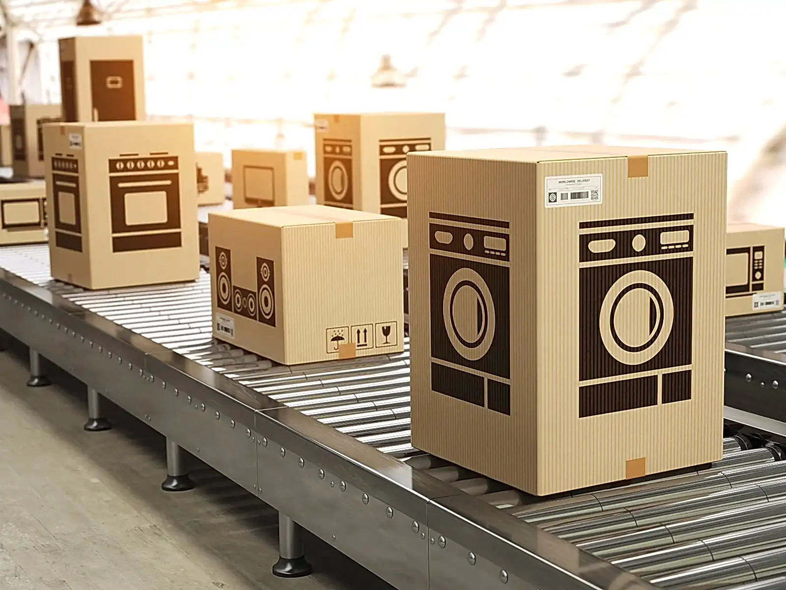 Household appliance in cardboard boxes on conveyor roller in dis